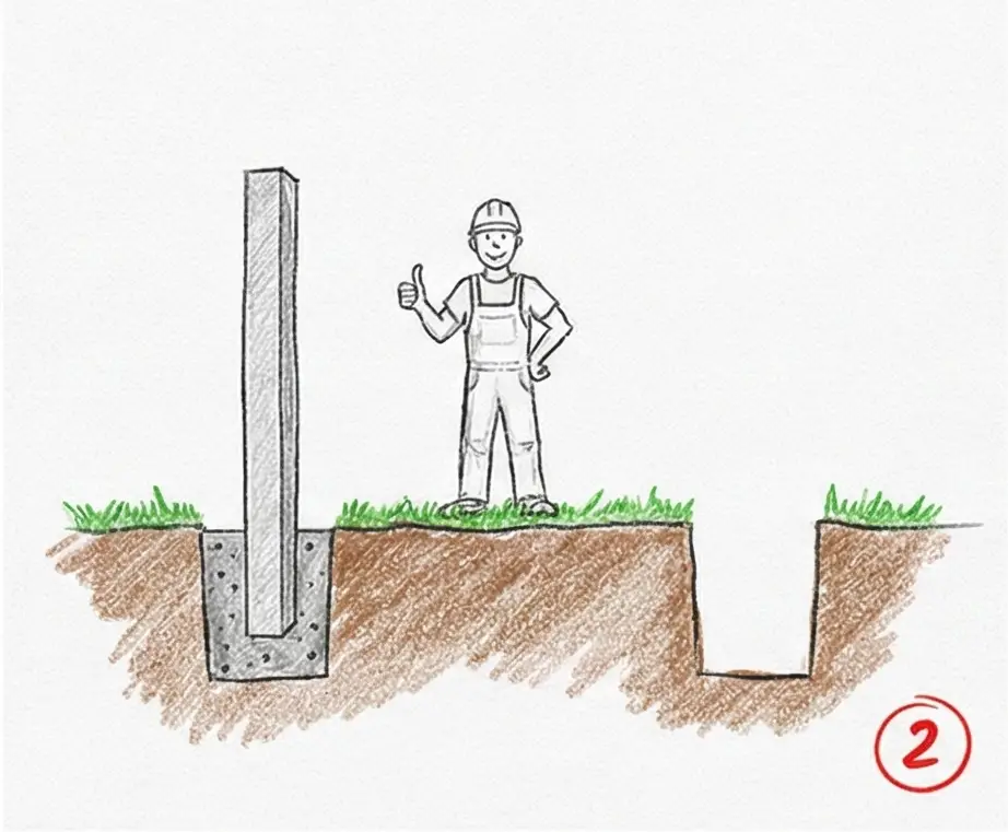 Montáž betonového plotu - usazení a fixace prvního sloupku ve výkopu.