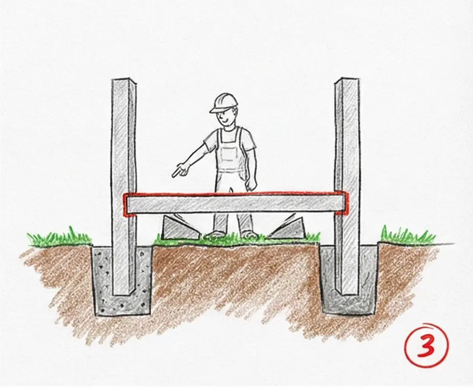 Postup montáže betonového plotu – vložení první desky do drážek.